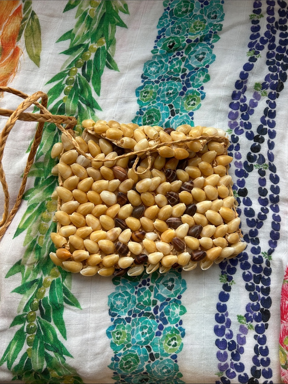 Handmade Beaded Shell Pouch in Natural Tones Hawaii Kahuli